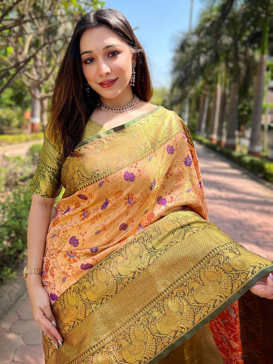 Orange Colour Banarasi One Grm Tissue Silk Festive Wear Saree by My Store