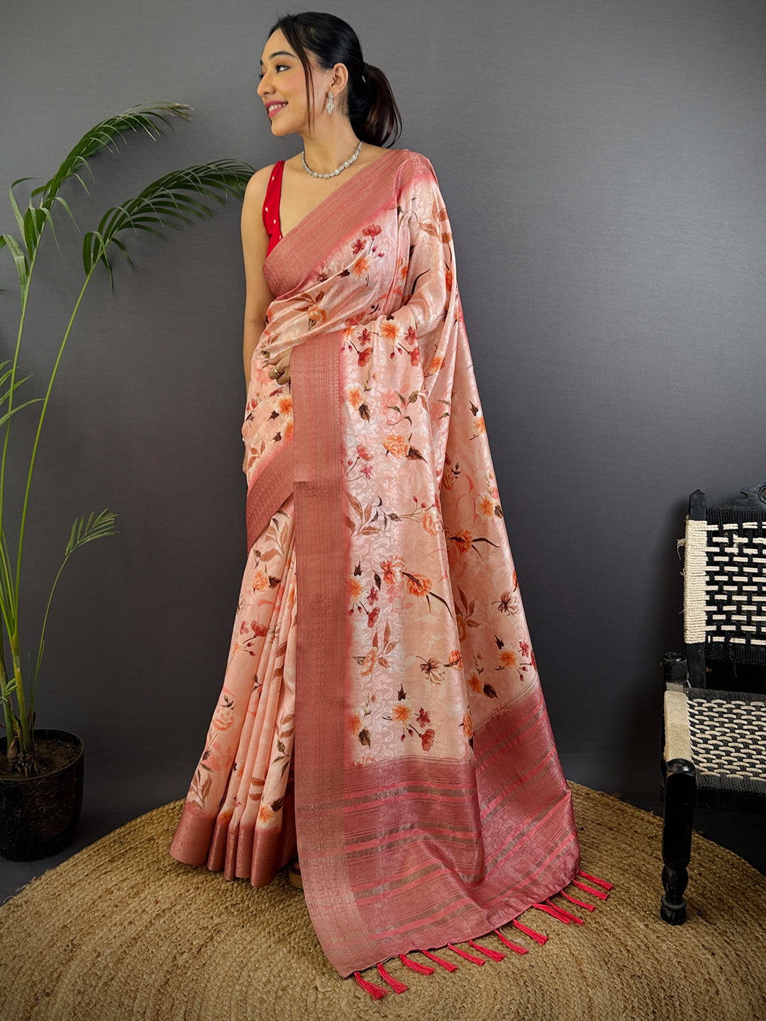 Peach Digital Print Soft Dola Silk Saree by My Store