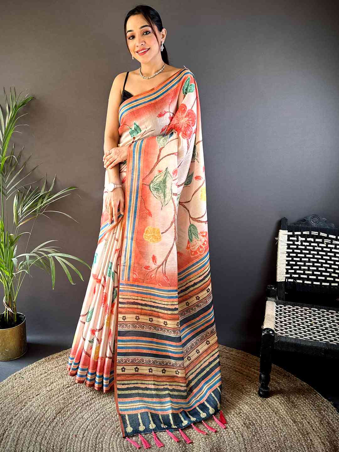 Floral Blush Pink Chanderi Saree by My Store