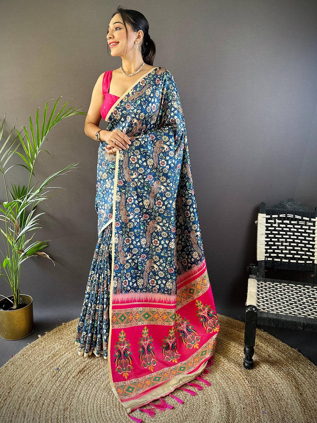 Kalamkari Floral Print Gamthi Soft Silk Saree by My Store
