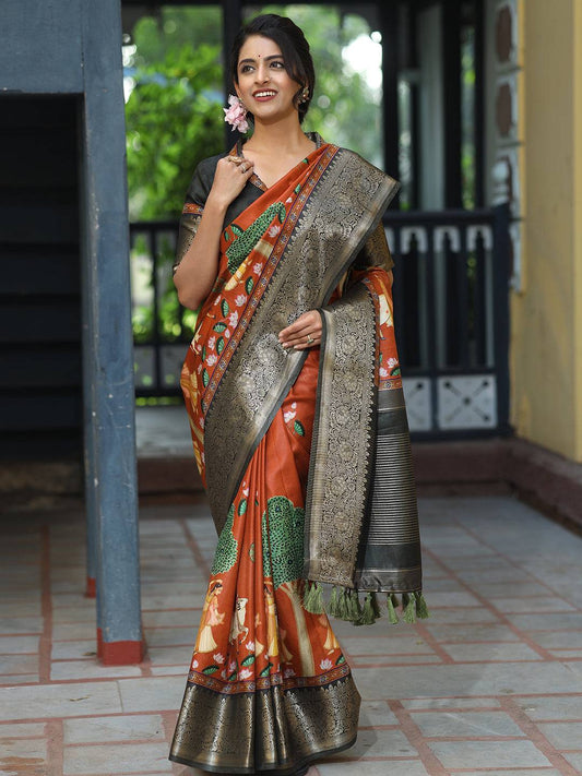 Pichwai Print Zari Weaving Pallu Saree In Brown Colour - Luxe by My Store