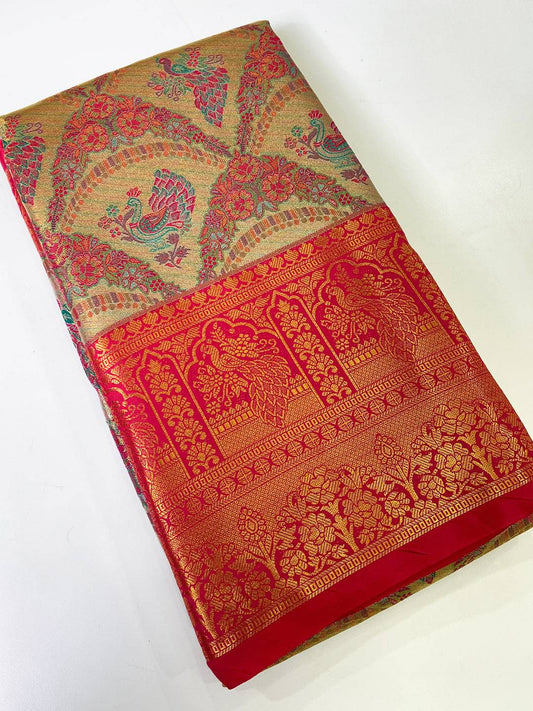 Majestic Red And Gold Peacock Saree by My Store