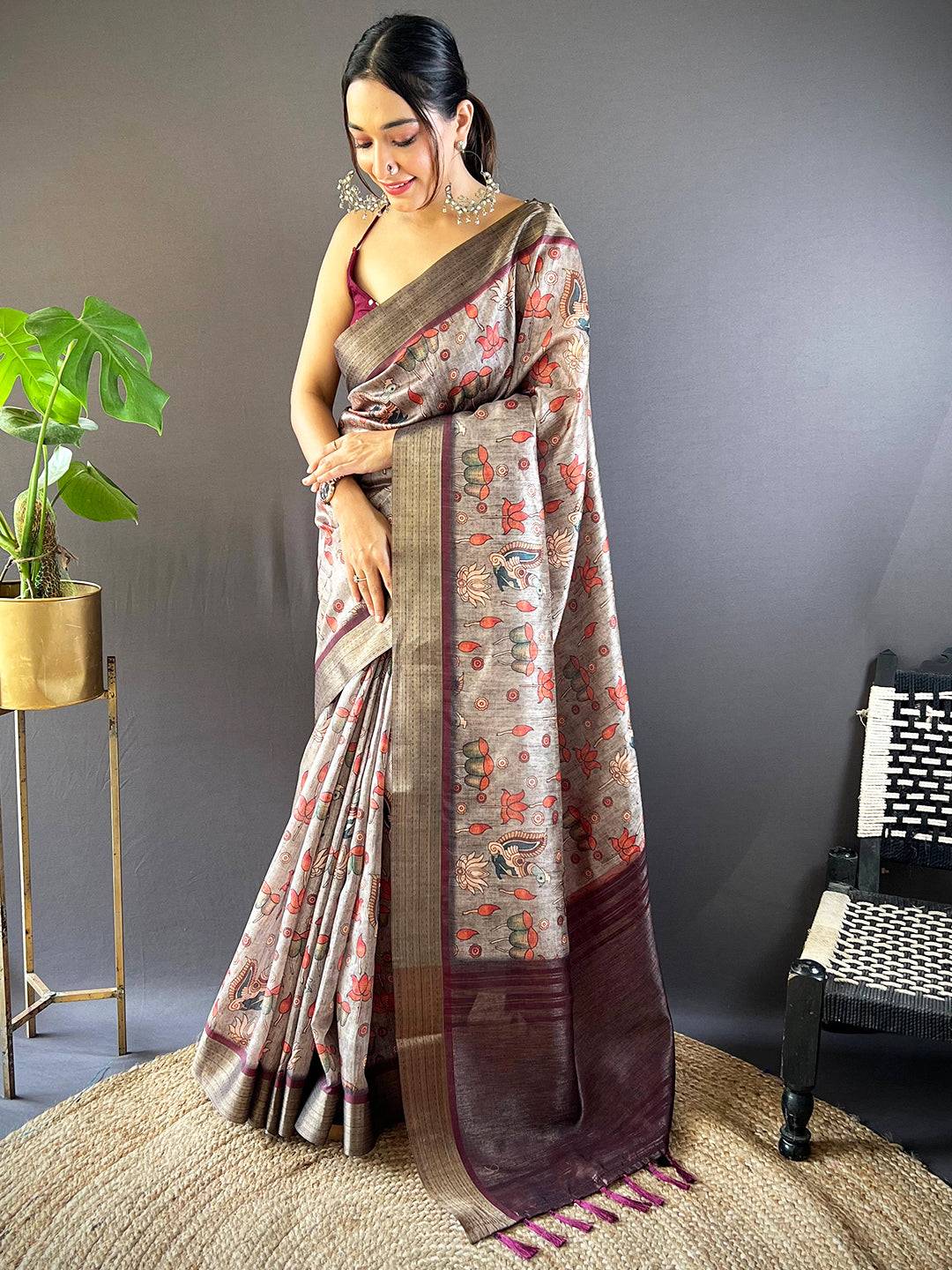 Grey Kalamkari Tussar Silk Saree by My Store