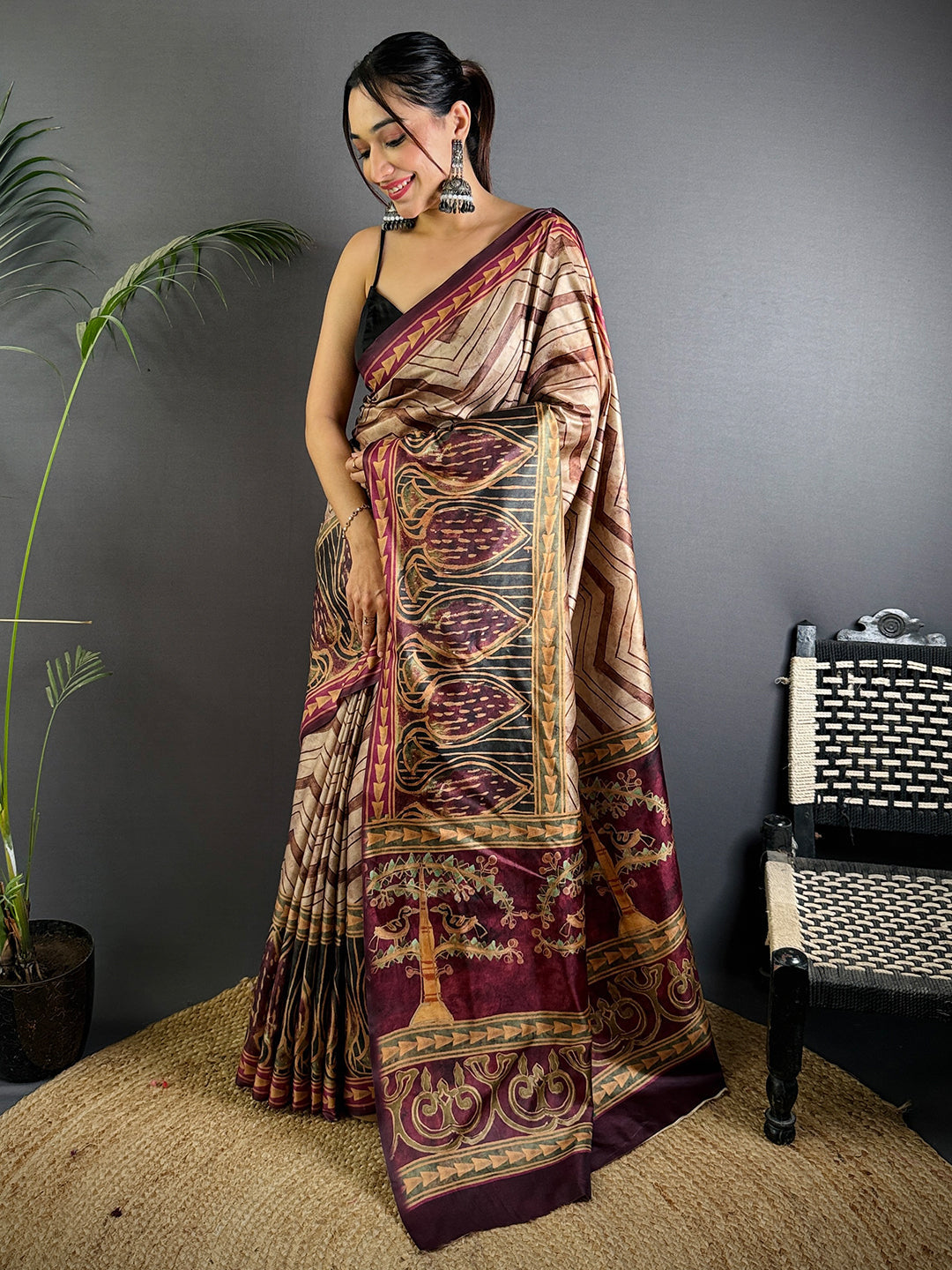 Beige Soft Dola Silk Printed Saree
