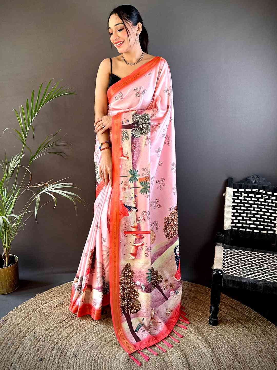 Blush Pink Jungle Printed Silk Saree by My Store