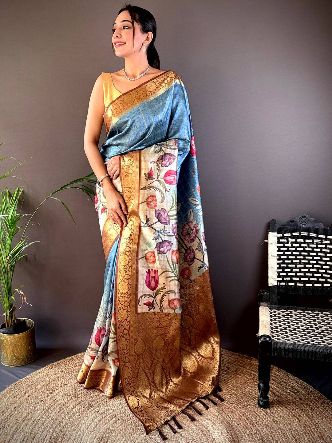 Sky Blue Ombre Floral Digital Print Saree by My Store