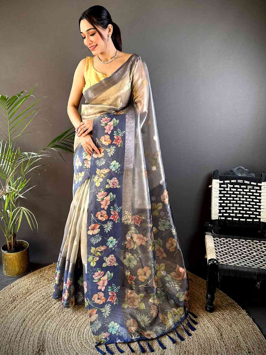 Blue Tissue Digital Floral Saree by My Store