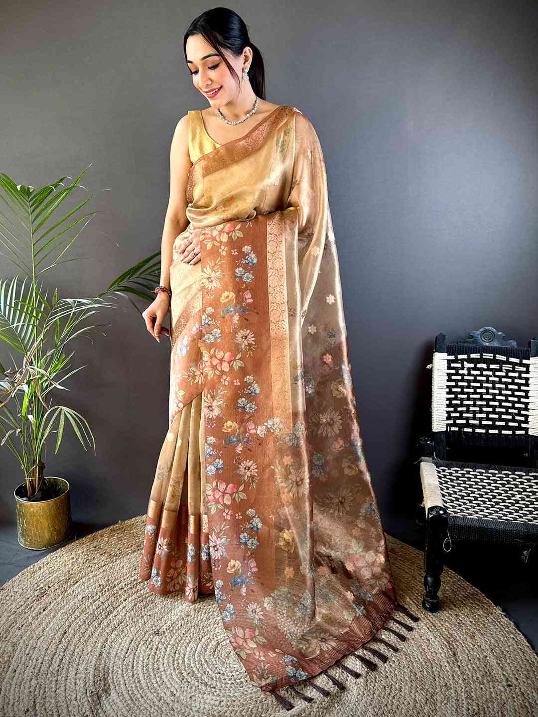 Mustard Tissue Digital Floral Saree by My Store