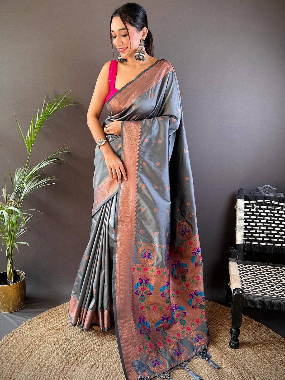 Dark Grey Copper Elegance Soft Silk Saree by My Store