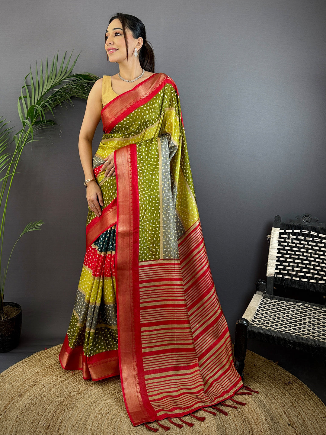 Red Soft Dola Bandhej Print Saree by My Store