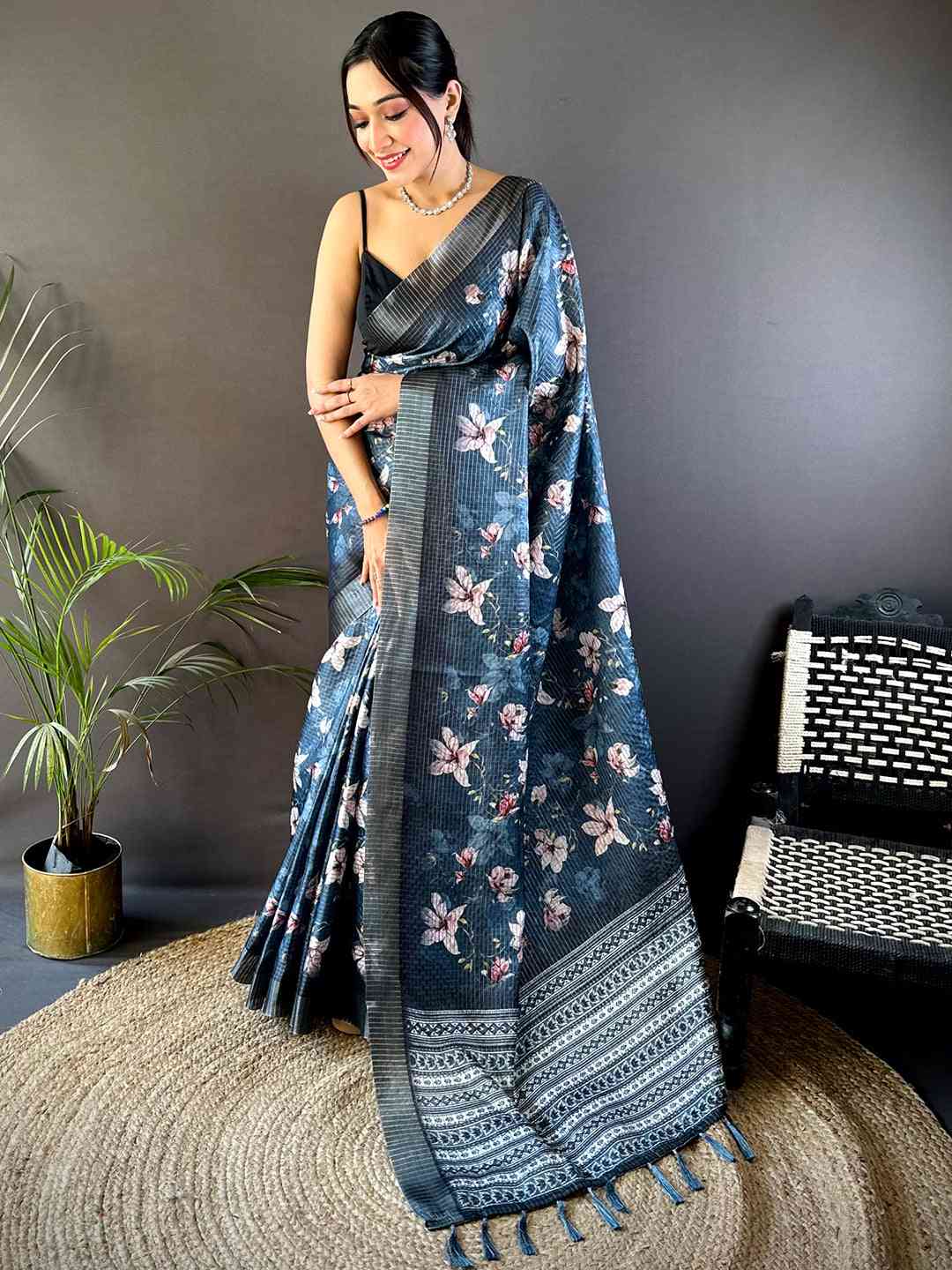 Steel Blue Tissue Chanderi Digital Check Saree by My Store