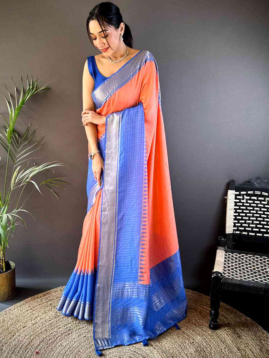 Peach Zari Pallu Cotton Viscose Saree by My Store