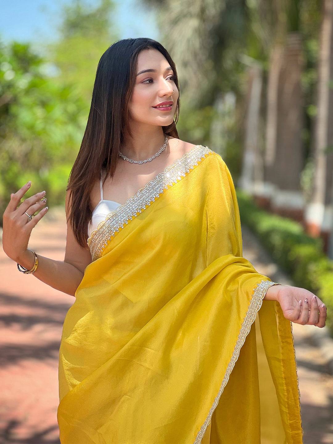 Sunset Yellow Pure Viscose Dyed Saree by My Store