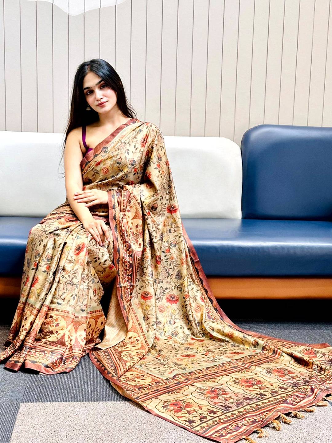 Olive Tussar Silk Flower Pashmina Print Saree by My Store