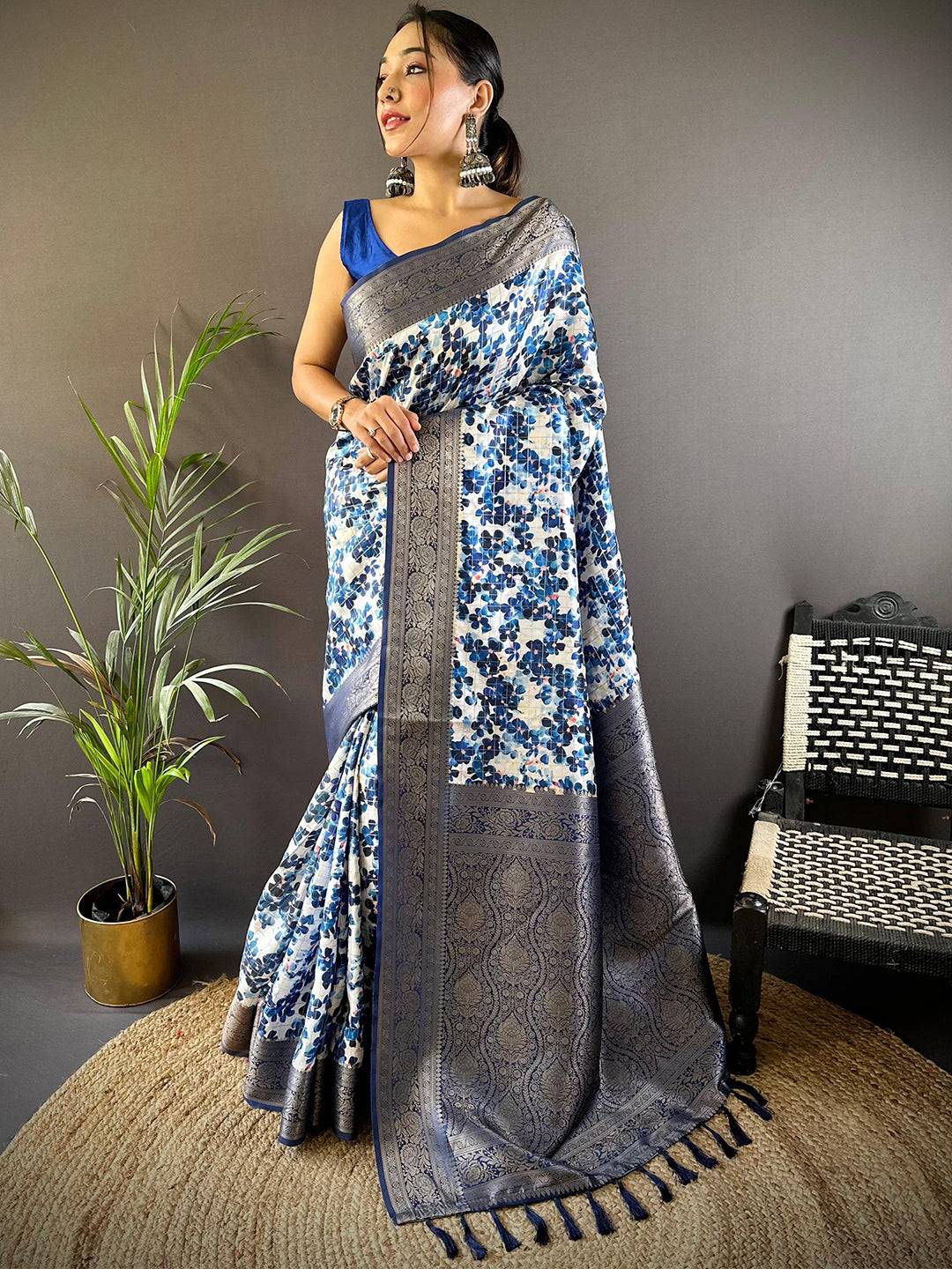 Midnight Bloom Blue Floral Saree by My Store