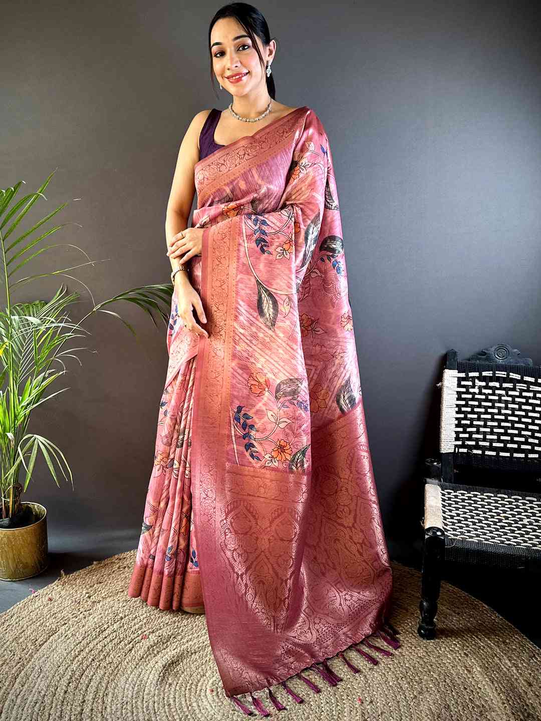Peach Banarasi Kalamkari Print Saree by My Store