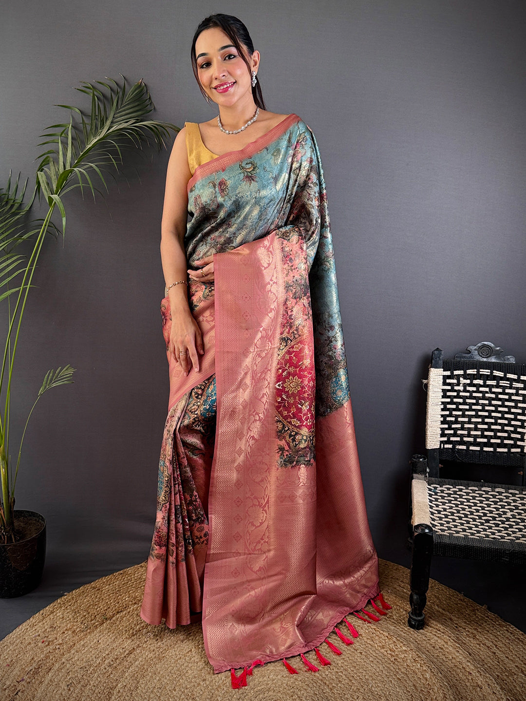Regal Blue Kanjivaram Silk Digital Print Saree by My Store