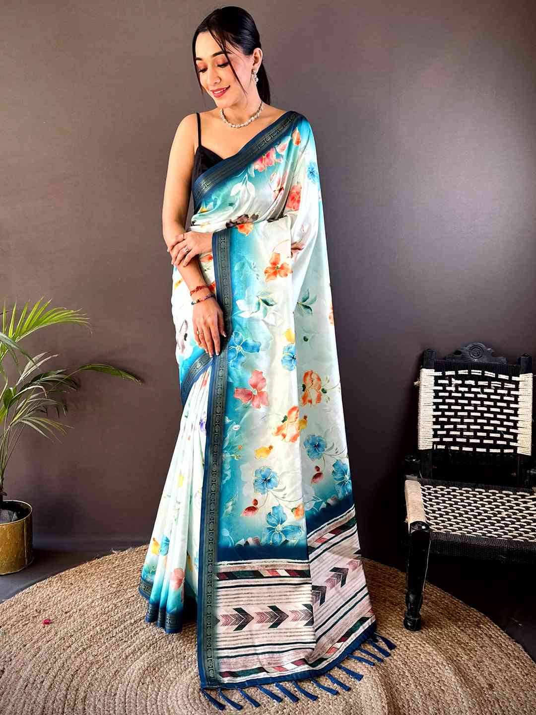 Powder Blue Floral Digital Print Silk Saree by My Store