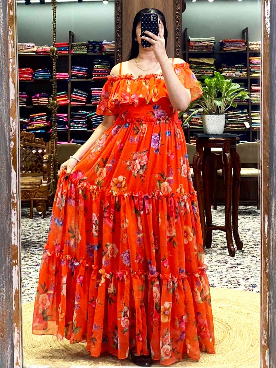 Sunny Orange Georgette Floral Dress by My Store