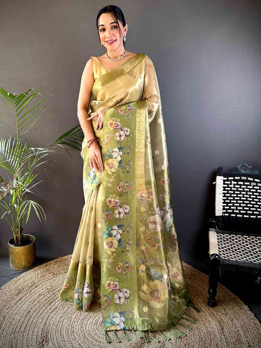 Pista Tissue Digital Floral Saree by My Store