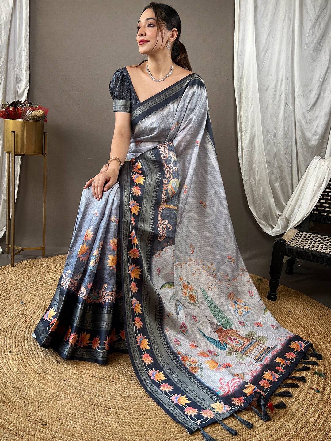 Dove Grey Kota Satin Border Saree by My Store