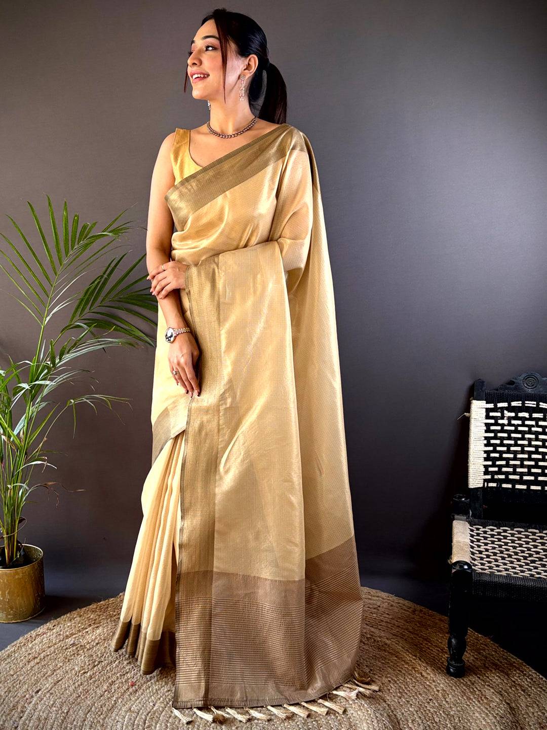 Gold Banarasi Tissue Silk Butti Design Saree by My Store