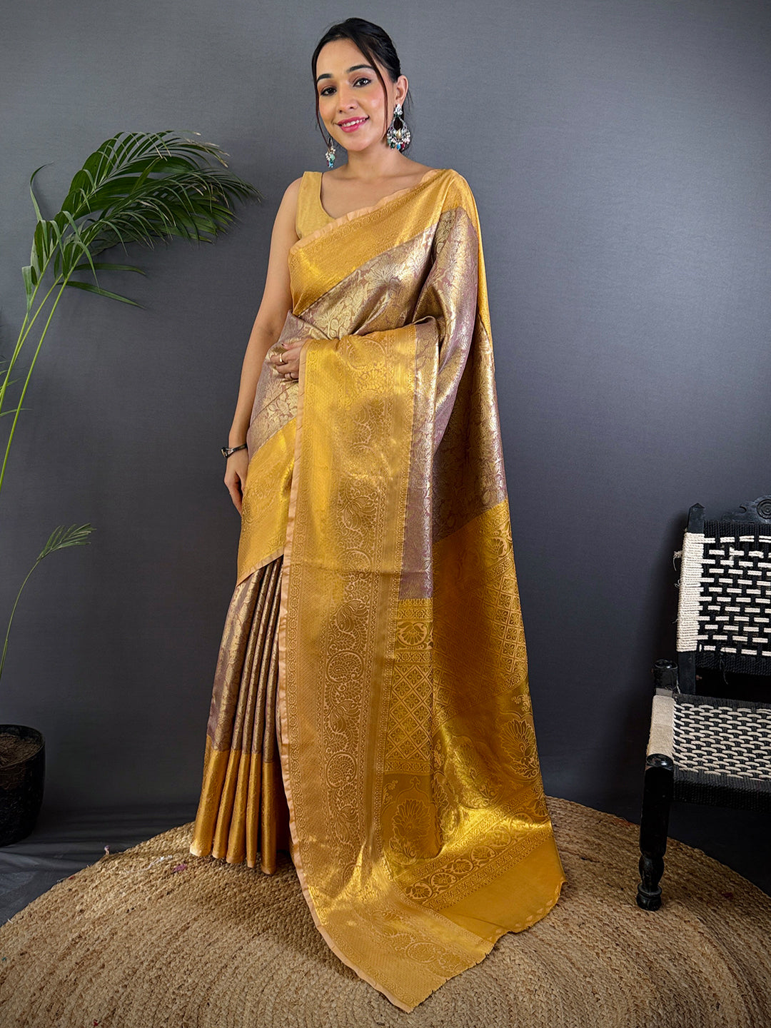 Blush Pink Golden Threadwork Dharmavaram Saree by My Store