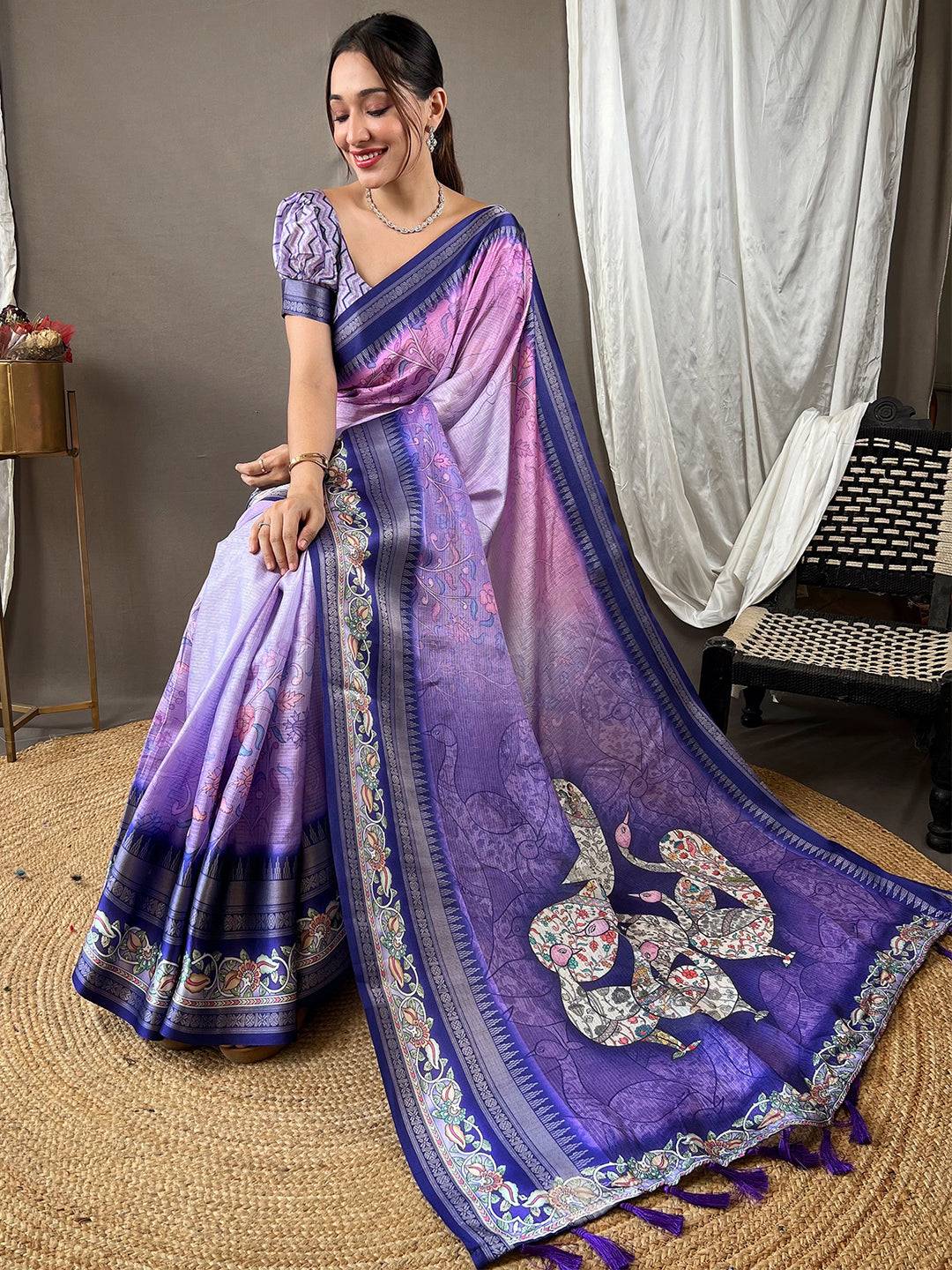 Iris Purple Kota Satin Border Saree by My Store