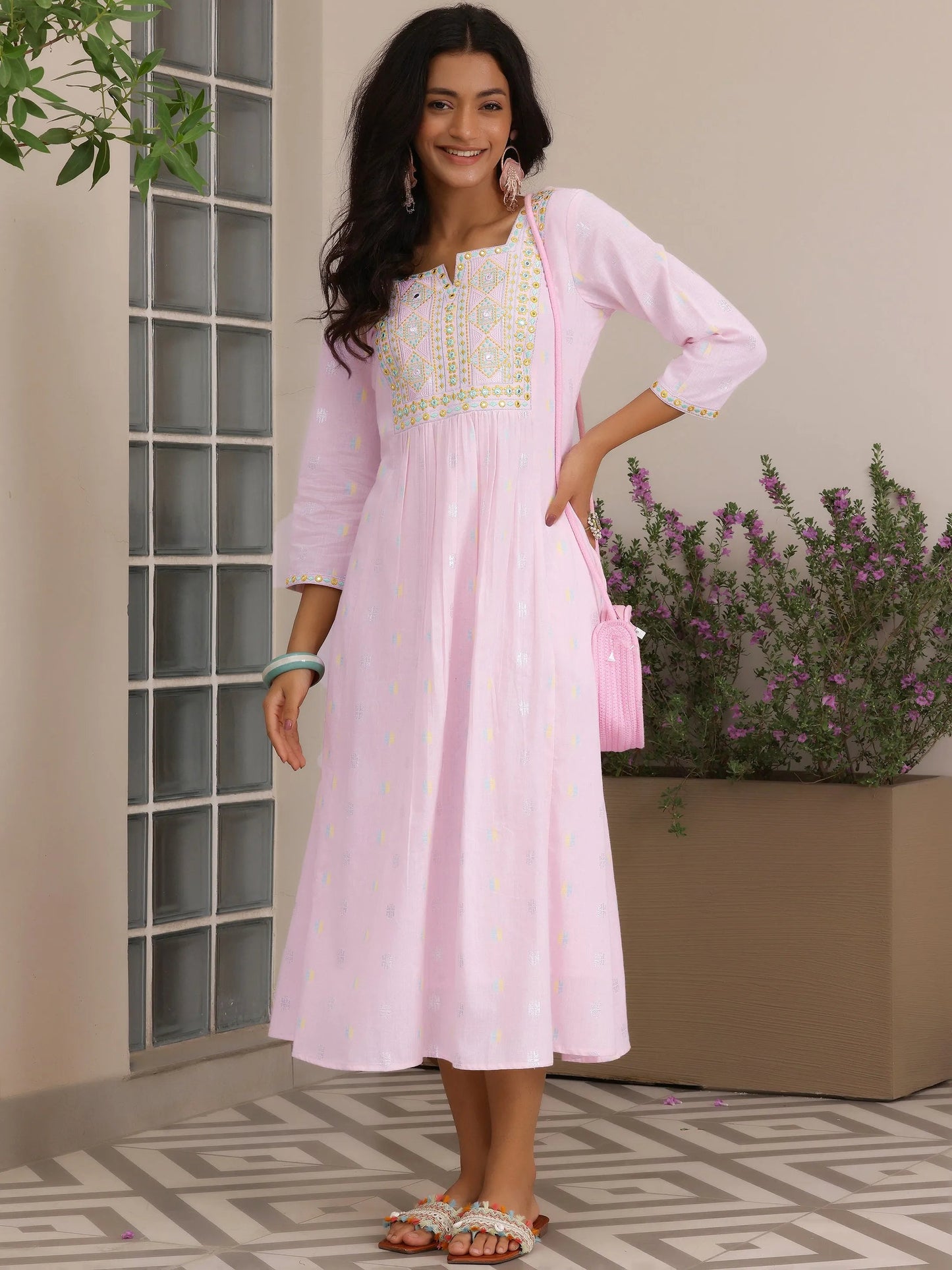 Pink Self Design Cotton A-Line Dress by My Store