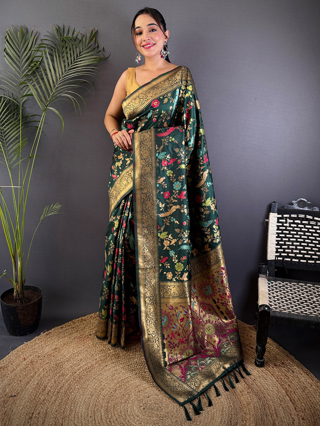Green Kadi Minakari Banarasi Silk Saree by My Store