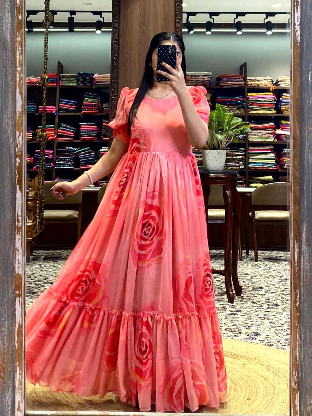 Coral Floral Georgette Dress by My Store
