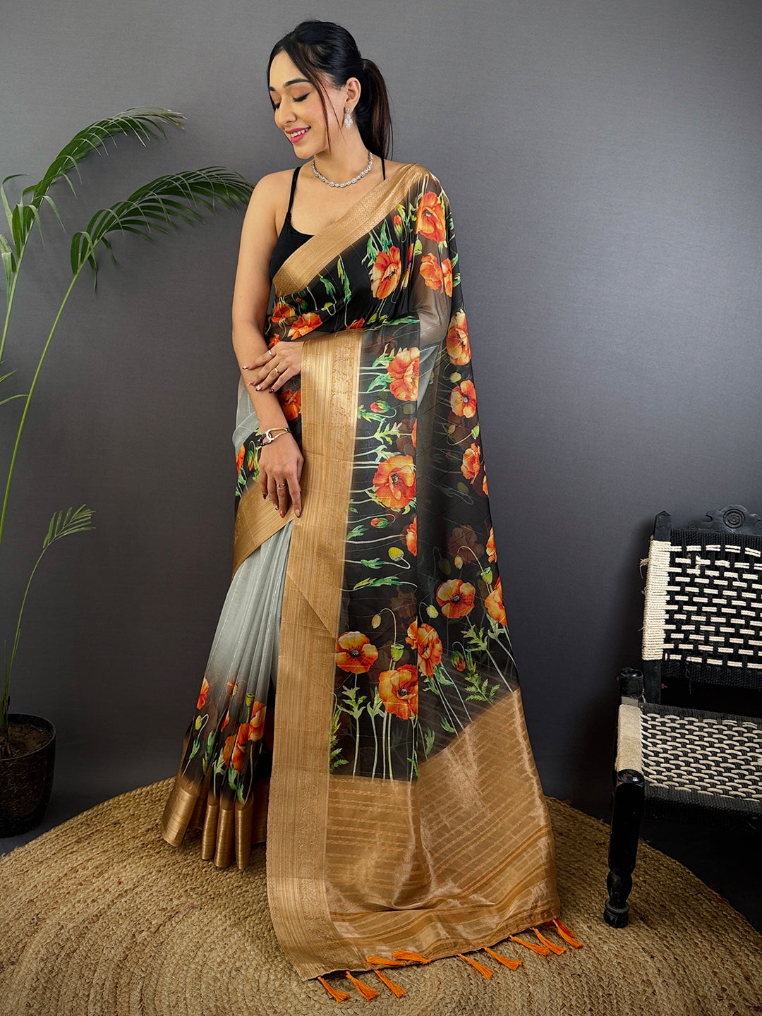 Black Soft Organza Digital Print Saree