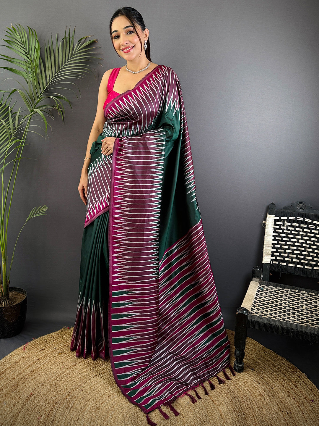 Green Soft Silk Ikkat Zari Weaving Saree by My Store