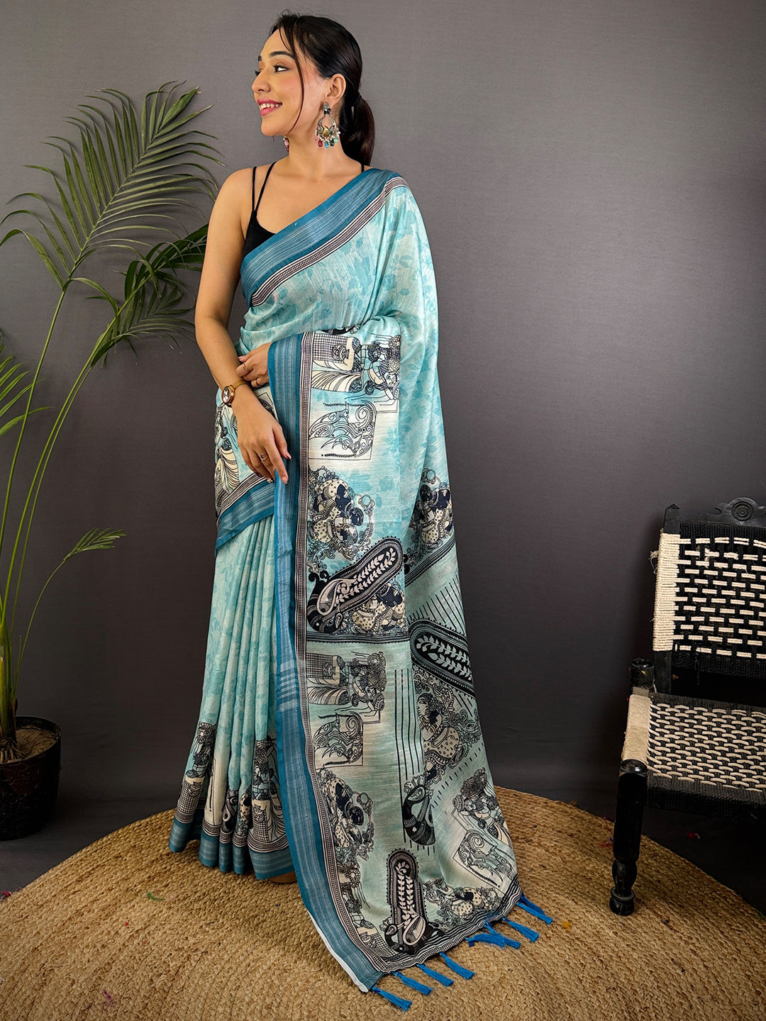 Sky Blue Linen Kalamkari Printed Saree by My Store