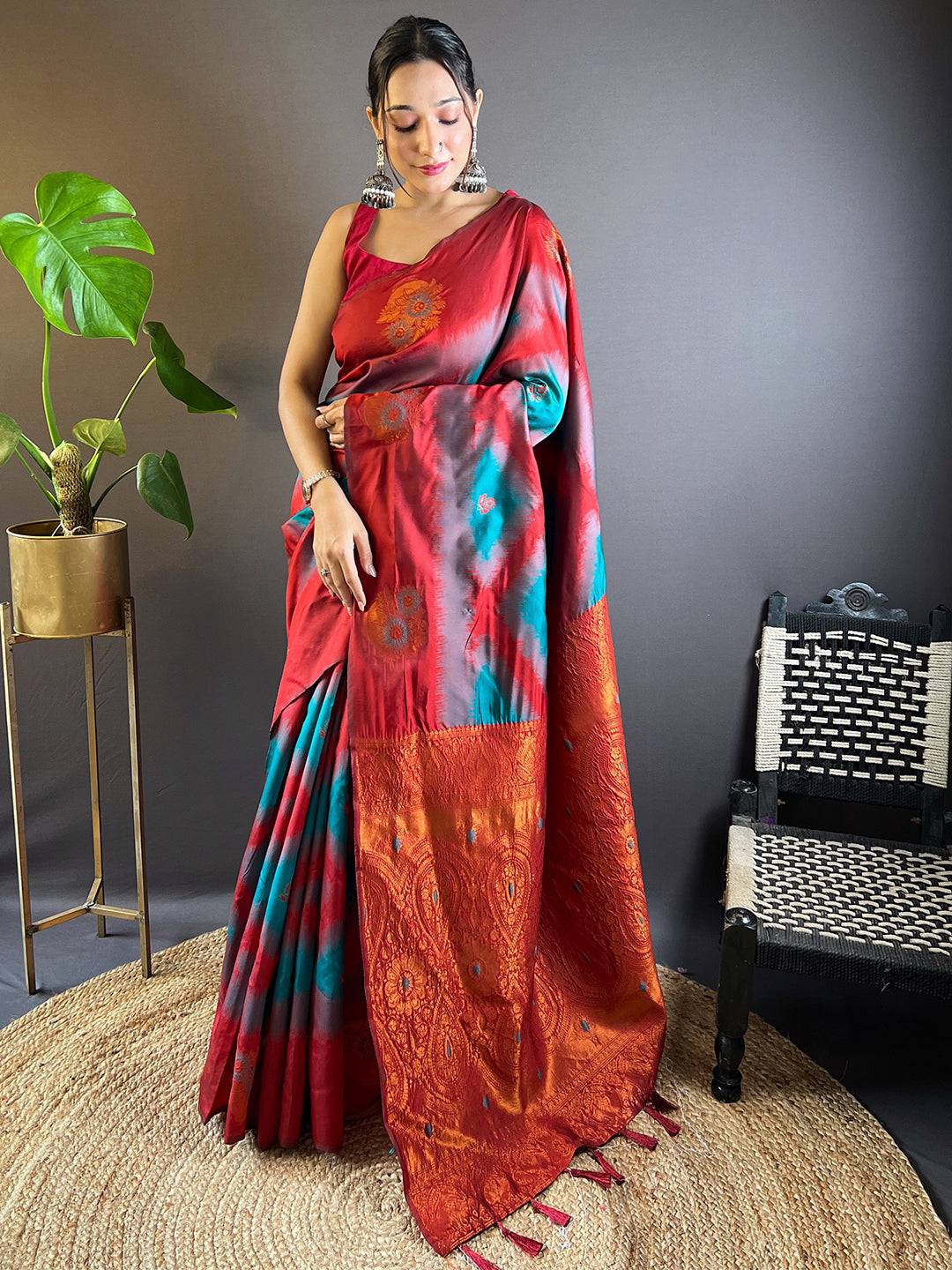 Teal Tussar Silk Ikkat Weaving Saree