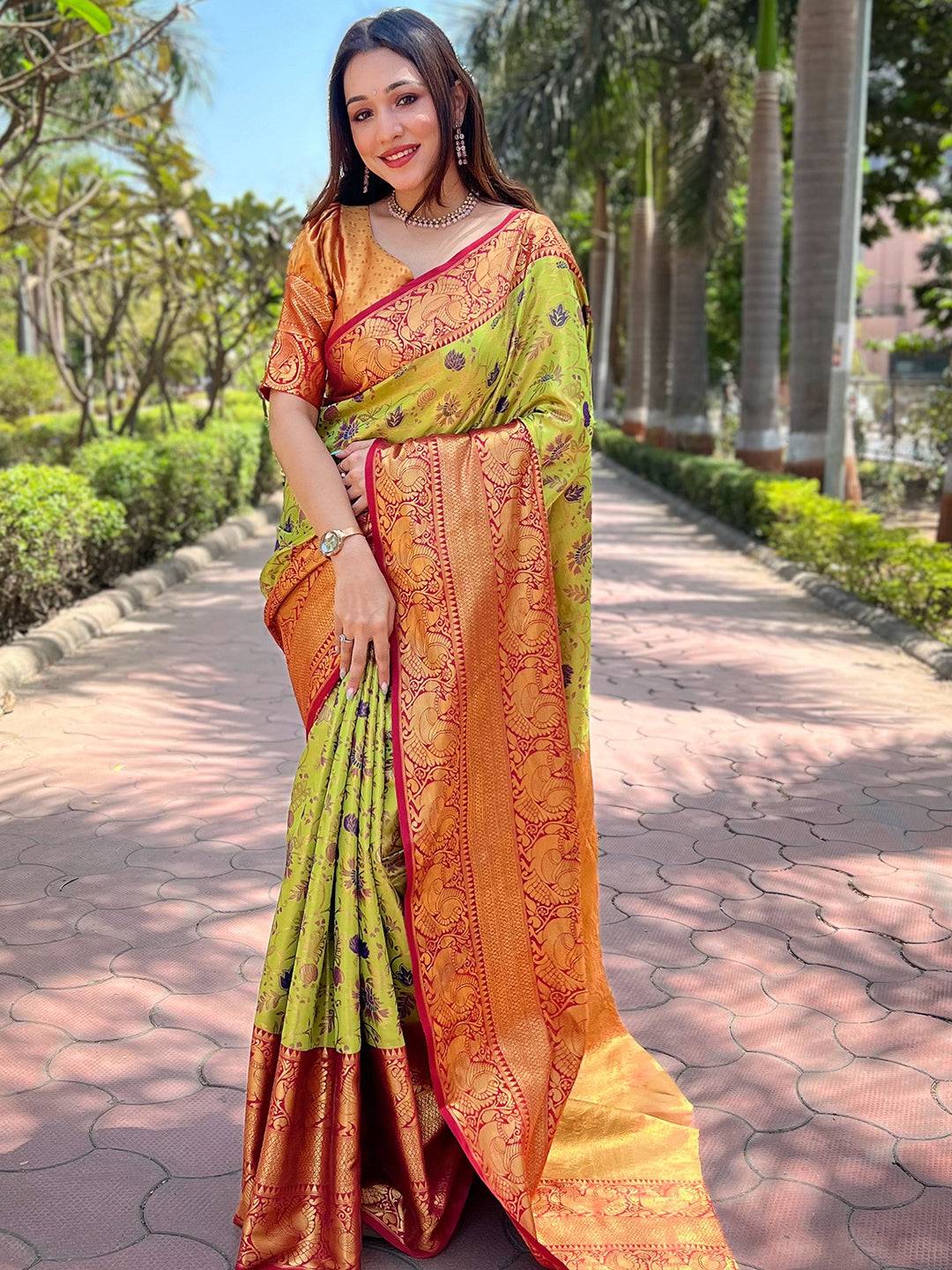 Light Green Colour Banarasi One Grm Tissue Silk Festive Wear Saree by My Store