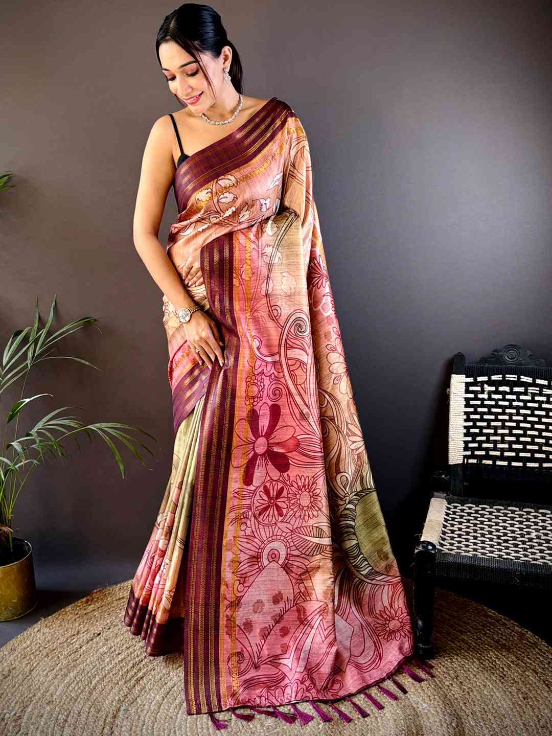 Peach Soft Silk Abstract Geometric Saree by My Store