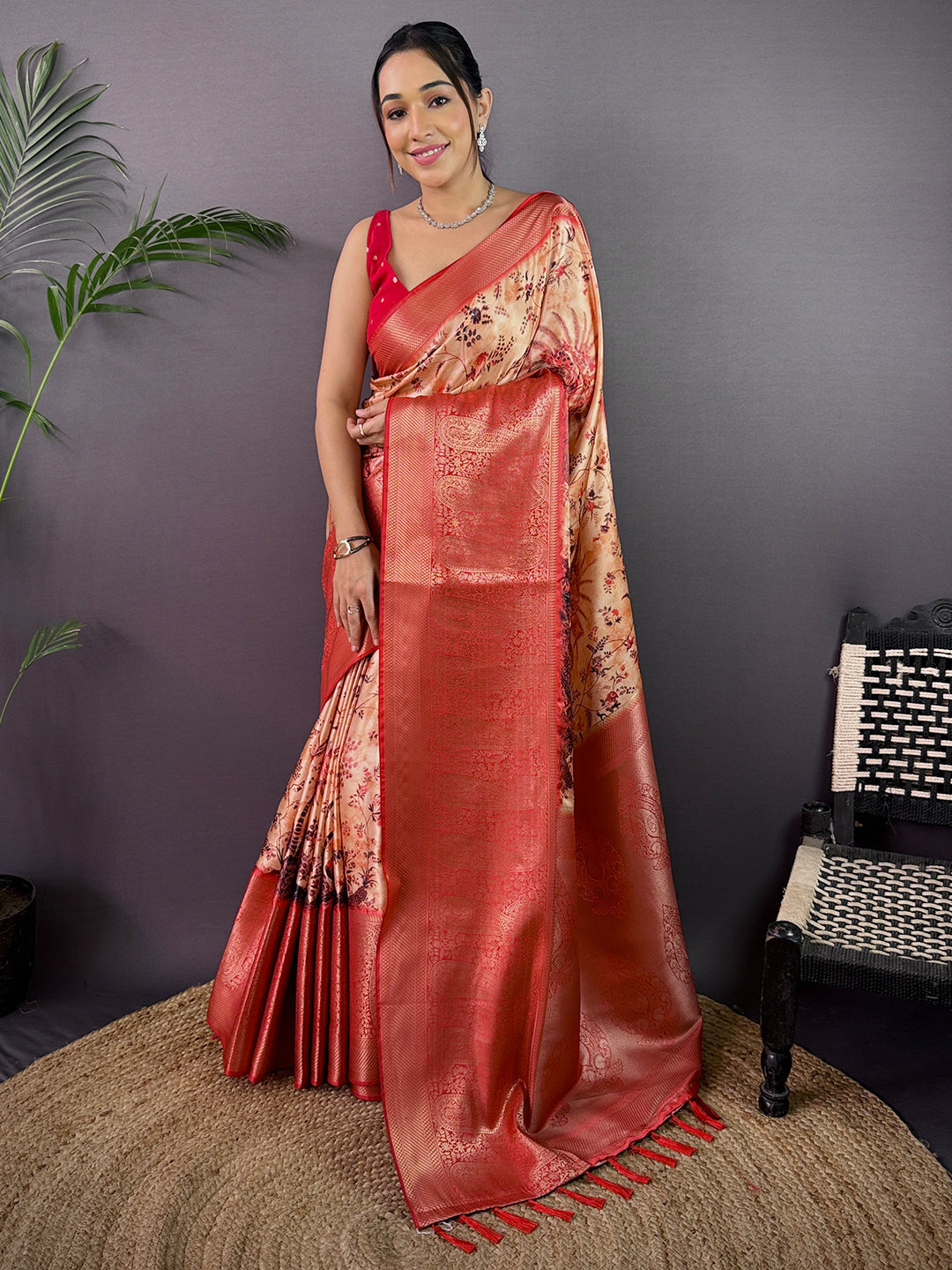 Peach Cherry Satin Kalamkari Saree by My Store