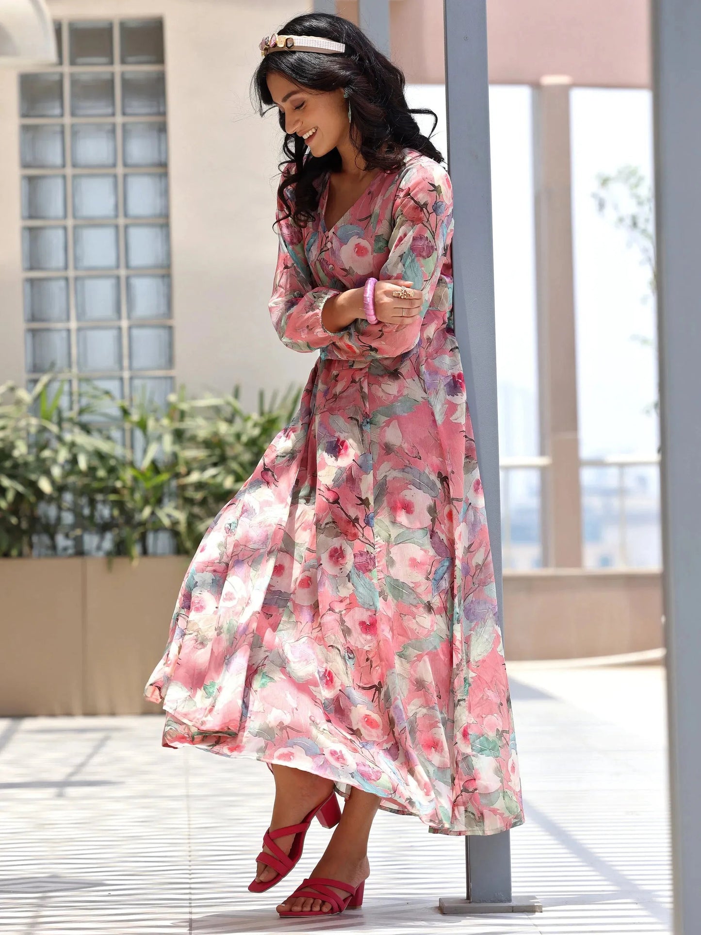 Pink Printed Chiffon A-Line Dress by My Store