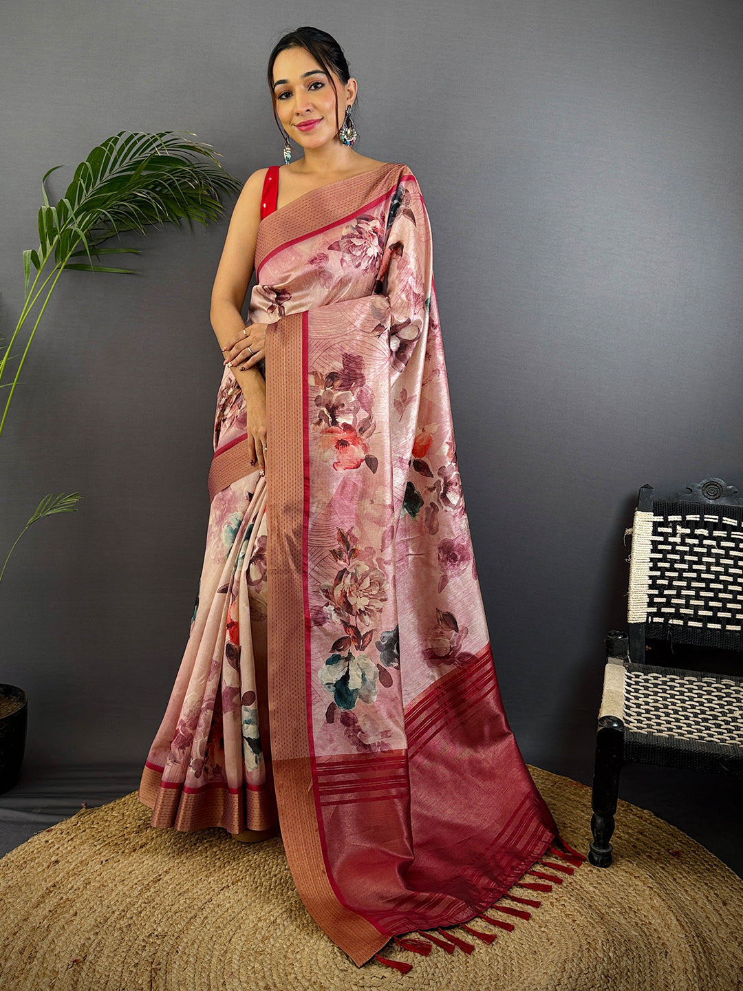 Radiant Pink Tussar Silk Digital Print Saree by My Store