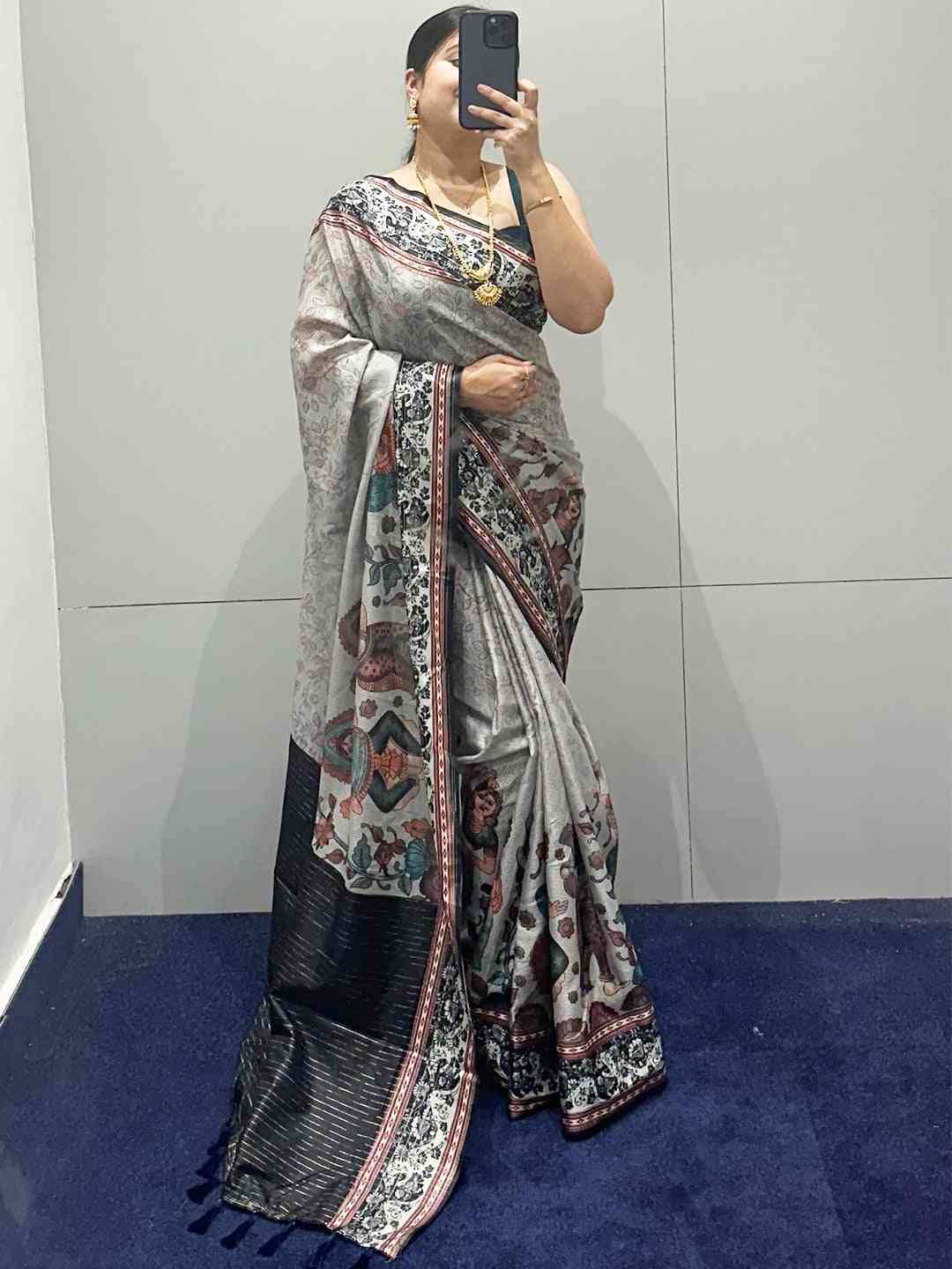 Grey Colour Satin Kota Doria Digital Kalamkari Zari Pallu by My Store