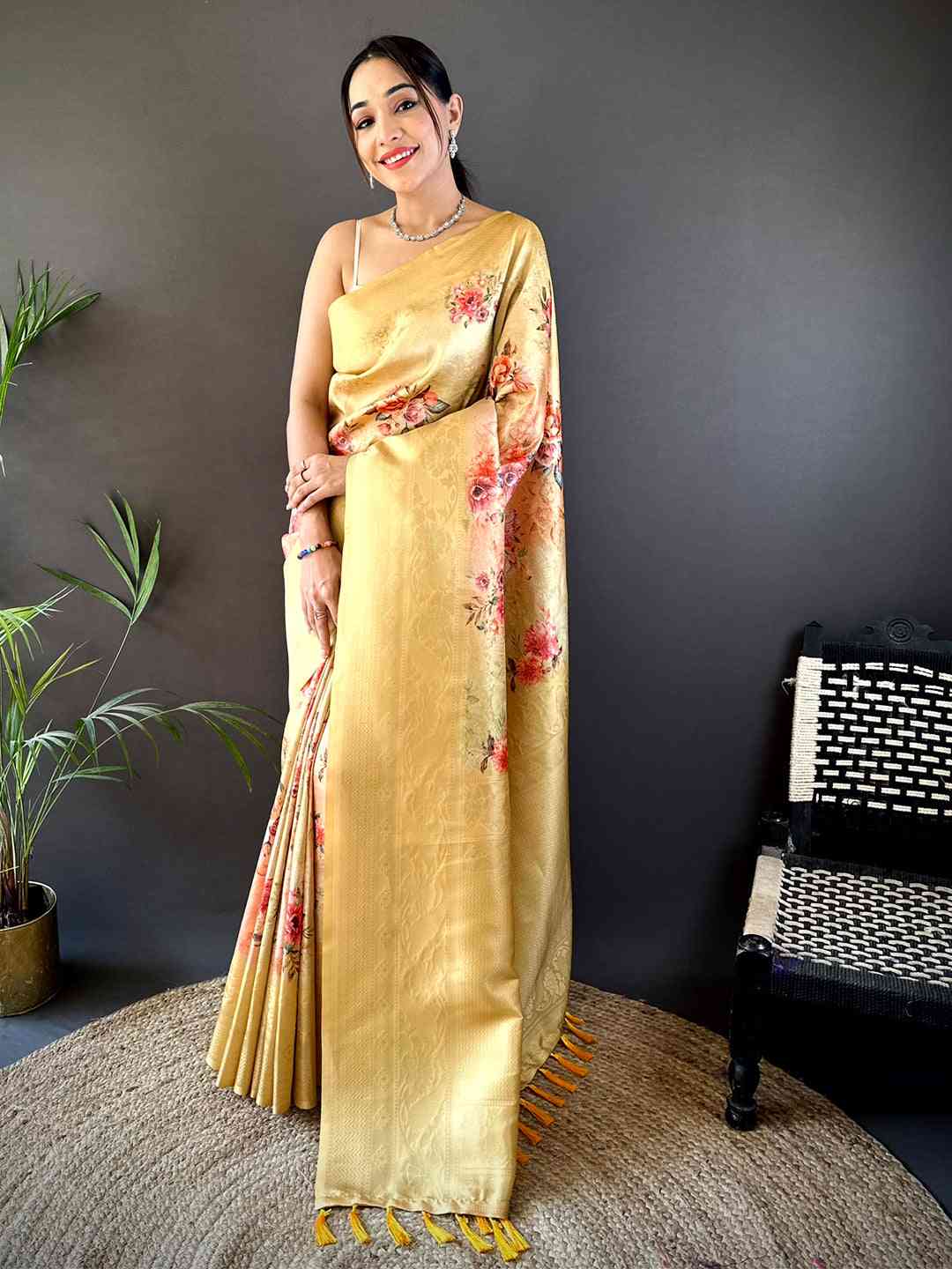 Golden Yellow Kanjivaram Digital Silk Saree by My Store