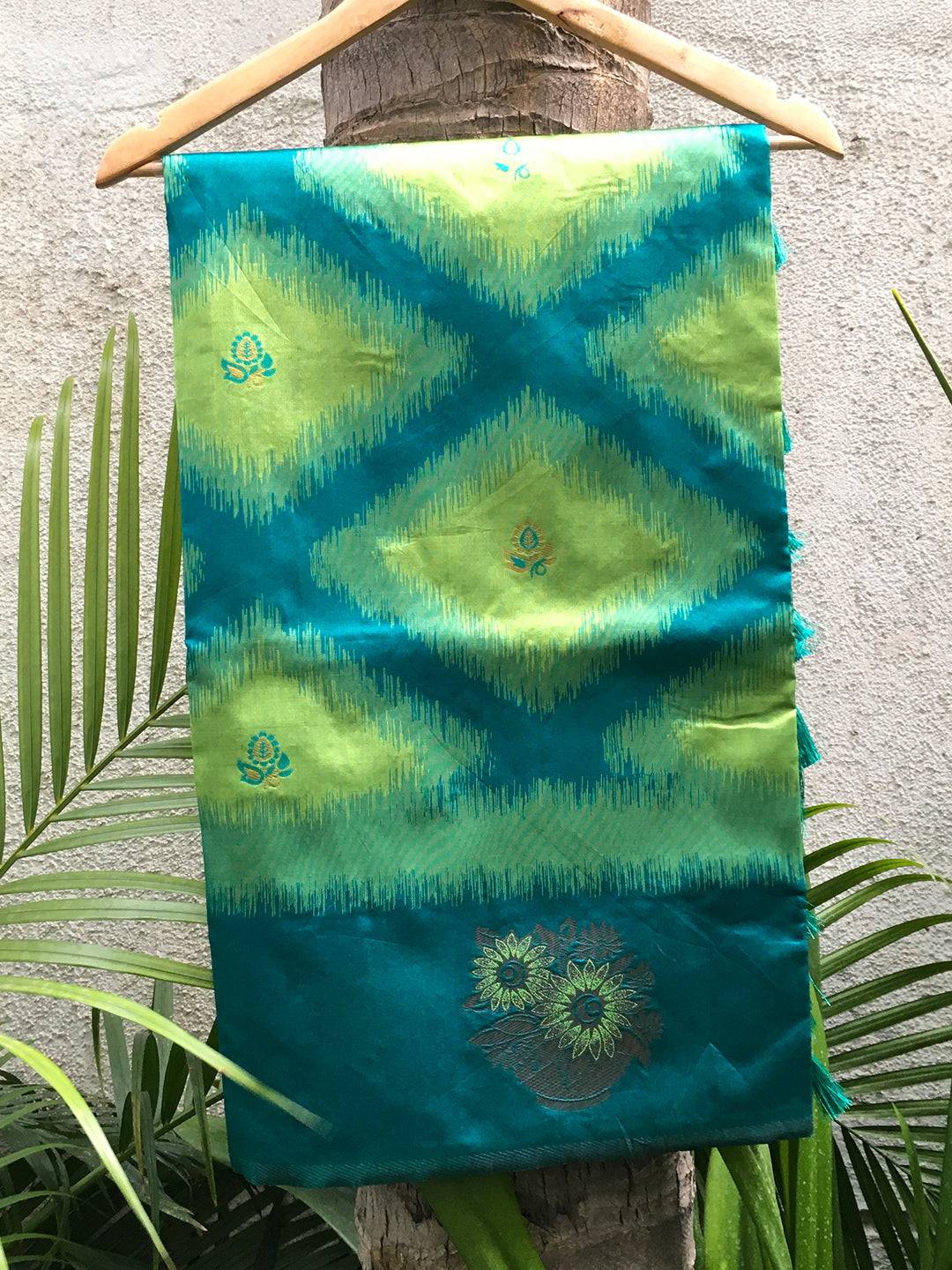 Parrot Green Tussar Silk Ikkat Weaving Saree by My Store