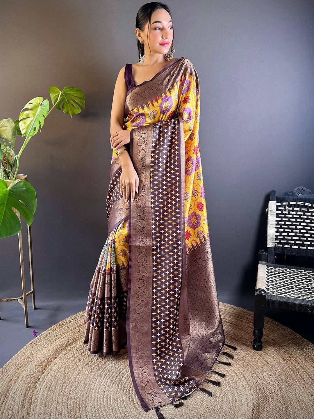 Golden Cross Ikkat Yellow Saree by My Store