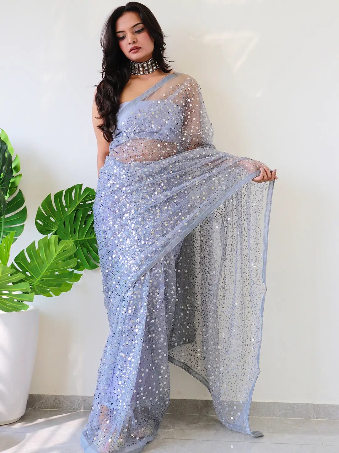 Beautiful Net Saree With Sequins Embroidery Work