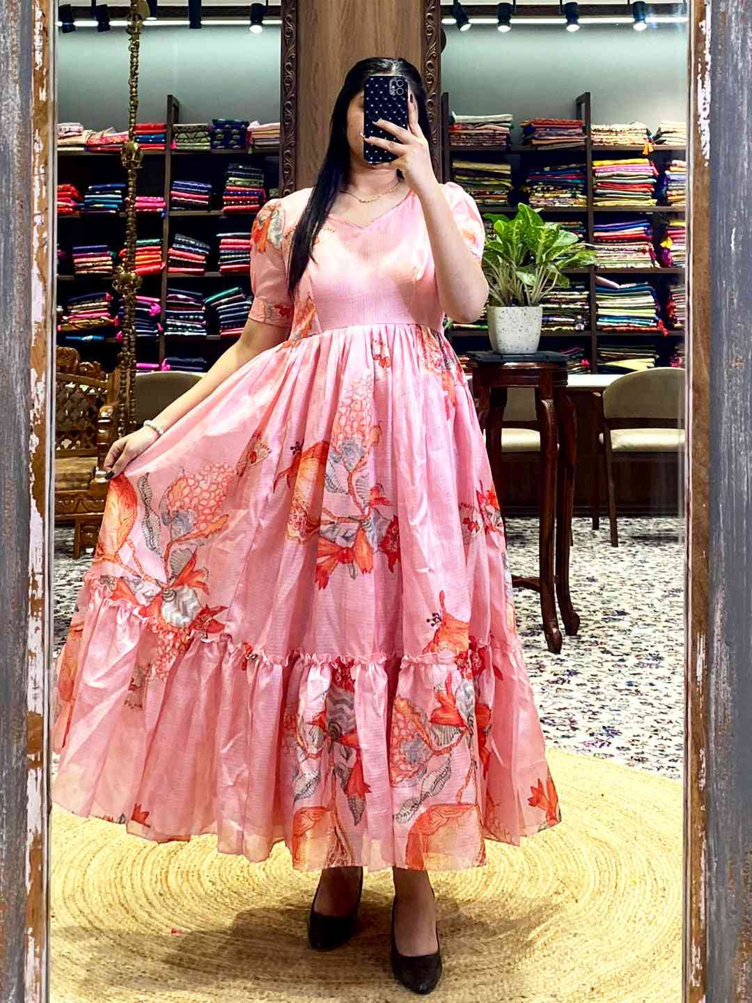 Salmon Pink Floral Print Midi Dress by My Store