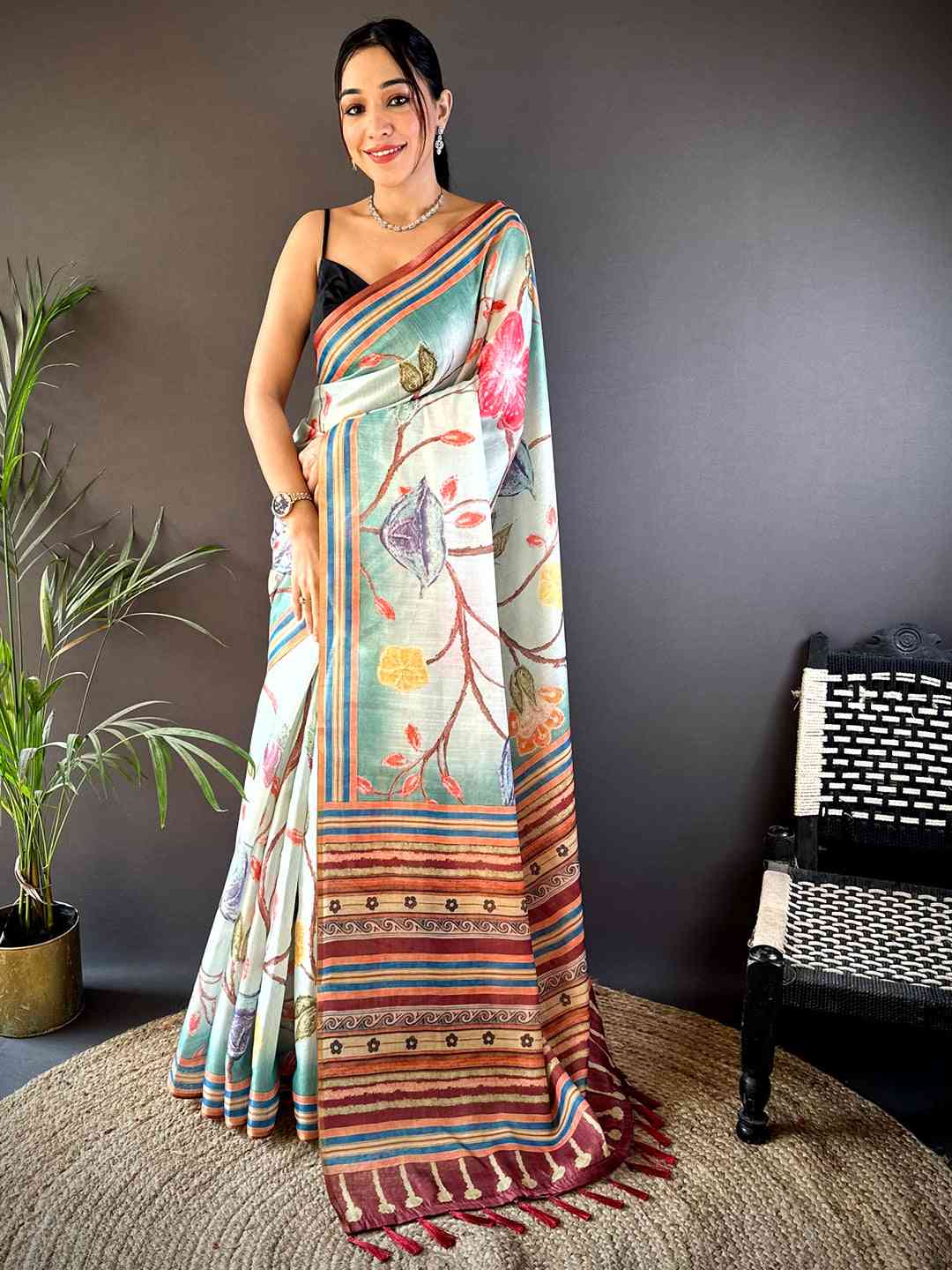 Floral Breeze Blue Chanderi Saree by My Store