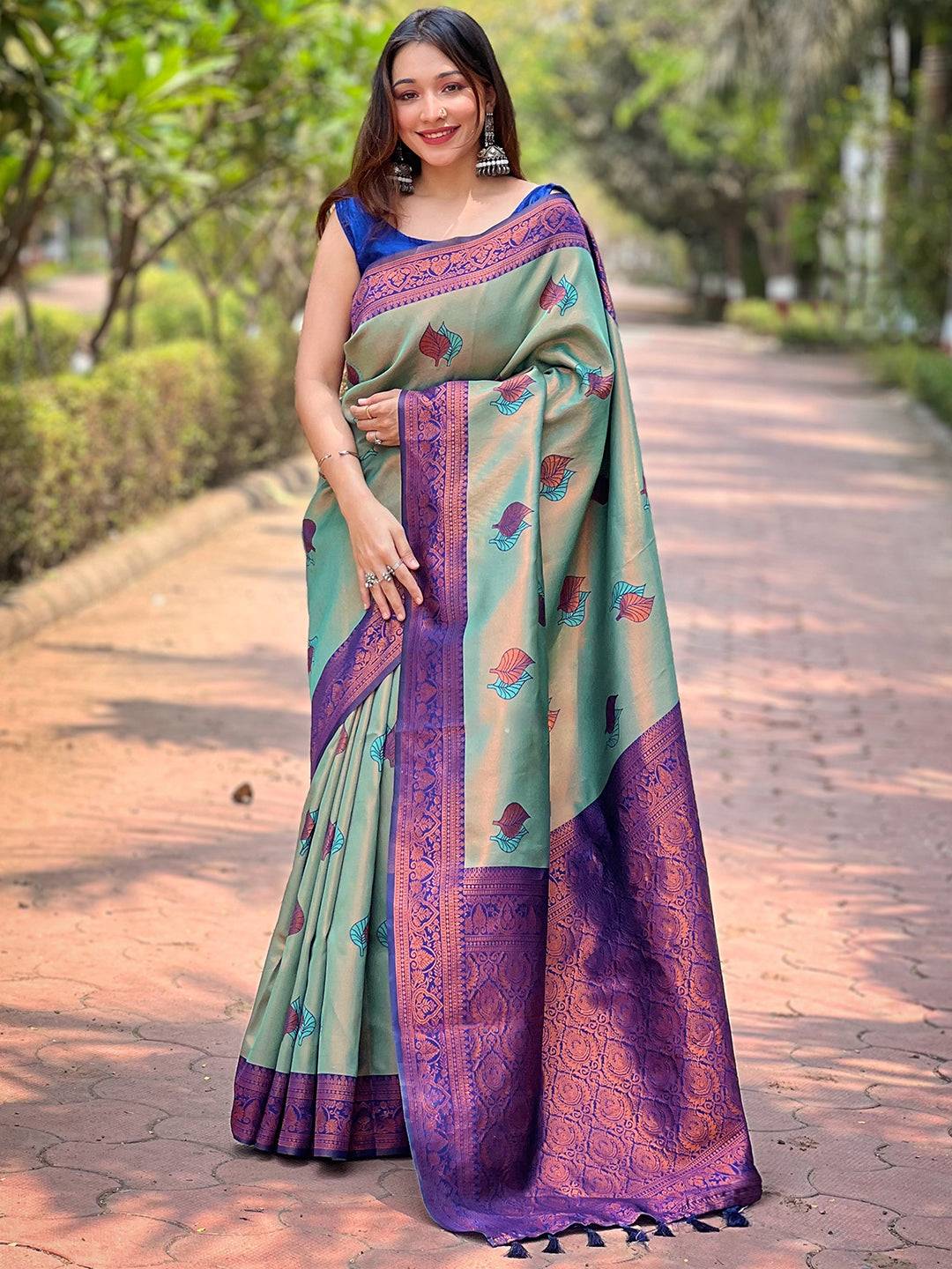 Pista Kanjivaram Tissue Saree With Gold Zari Weaving by My Store