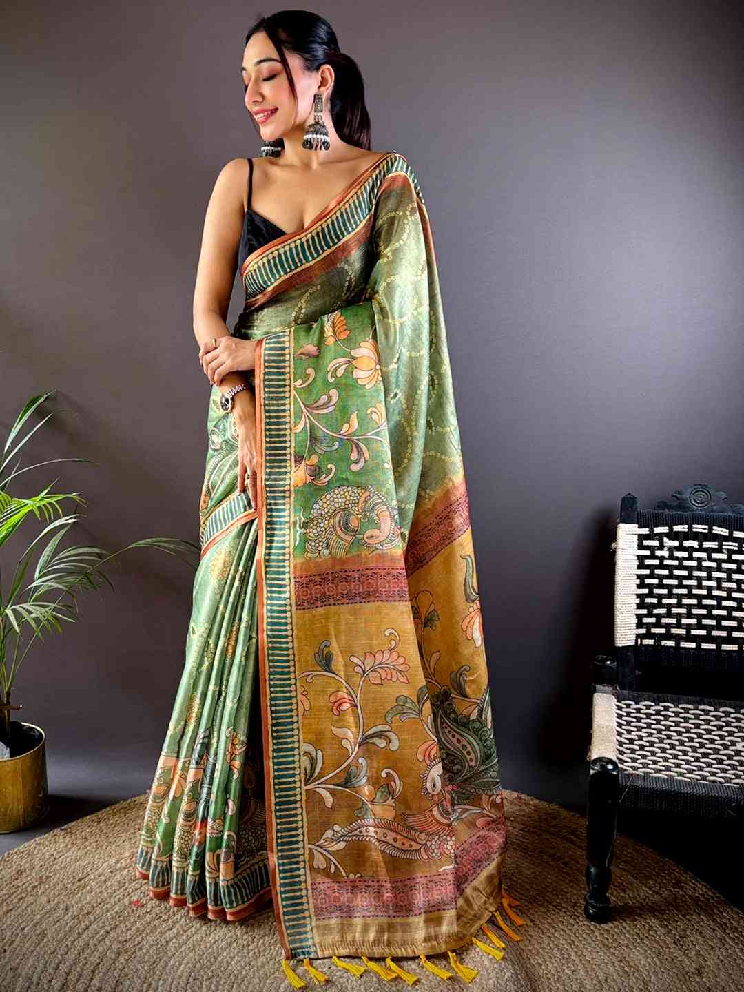 Fern Green Floral Chanderi Saree by My Store