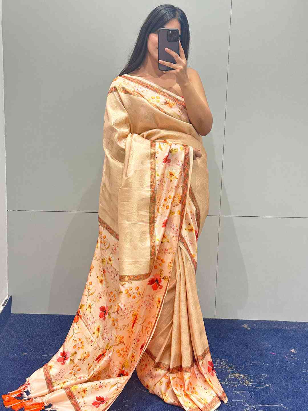 Peach Banarasi Kanjivaram Floral Print Saree by My Store